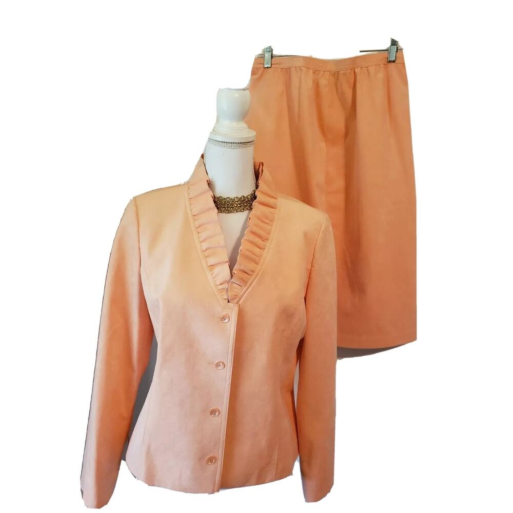 VTG Abe Schrader Orange Peach Suede Blazer & Matching Skirt Size 12 Excellent